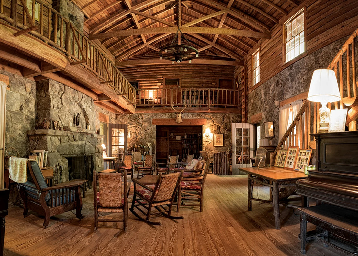 Timber lodge terrace overlooking the mountains.