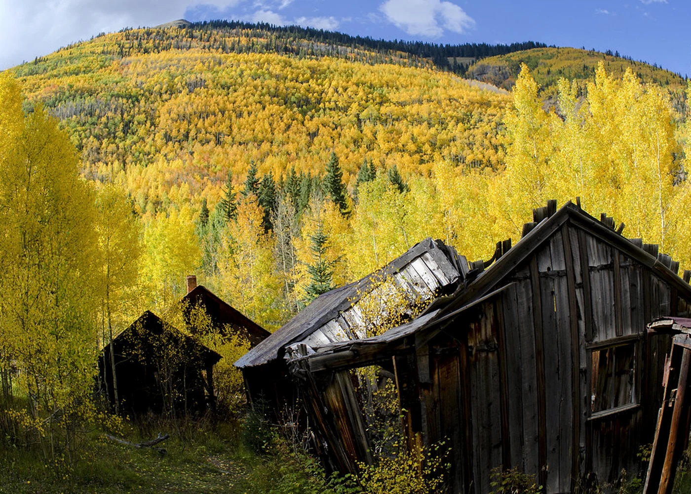 Mountain village and timber buildings.